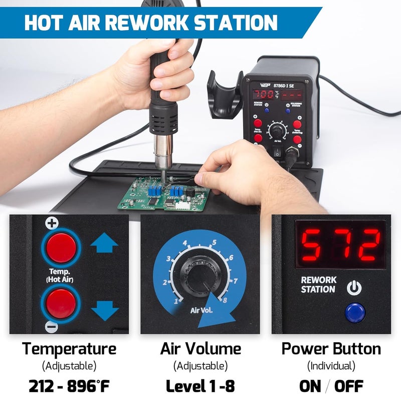 WeP 8786D-I SE Hot Air Soldering Iron Station Kit 2-IN-1 for Rework, Desoldering with Lead-Free Solder Wire, 5 Soldering Tips, 3 Hot Air Nozzles,Tweezers, Desoldering Pump - Image 3